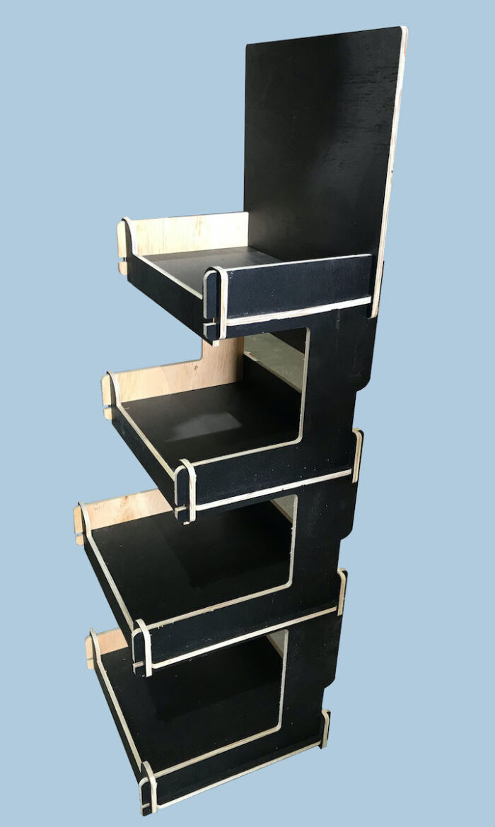 4 shelf layered black ply flatpack gondola stand