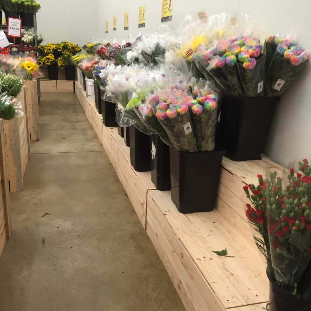 Tony's Wholesale Flowers Engraved Logo Wall and bins