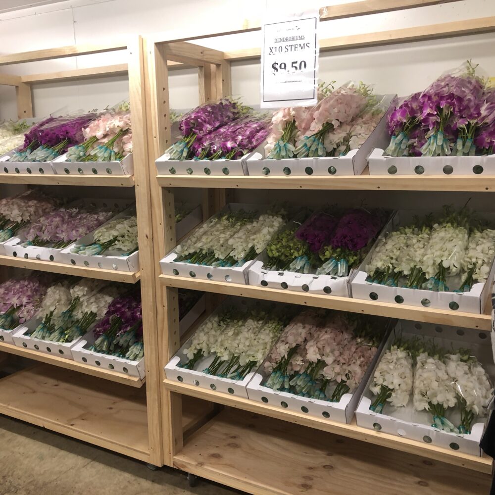 Tony's Wholesale Flowers adjustable trolleys in orchid room